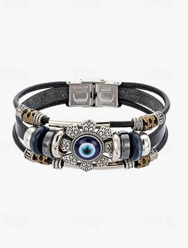 Men's Leather Evil Eye Bracelet with Vintage Metal Accents – Bohemian Protection Jewelry