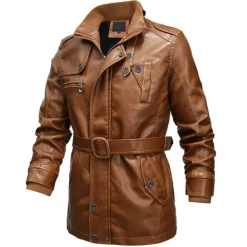 Men's Leather Jacket Motorcycle Jacket Outdoor Daily Wear Windproof Warm Pocket With Belt Fall Winter Plain Fashion Streetwear Stand Collar Regular Yellow Jacket