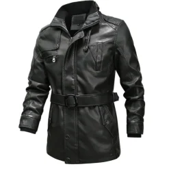 Men's Leather Jacket Motorcycle Jacket Outdoor Daily Wear Windproof Warm Pocket With Belt Fall Winter Plain Fashion Streetwear Stand Collar Regular Yellow Jacket