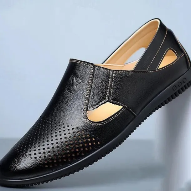 Men's Leather Sandals Black Summer Sandals Closed Toe Sandals Walking Casual Vacation Beach Breathable Slip-on White Brown Shoes