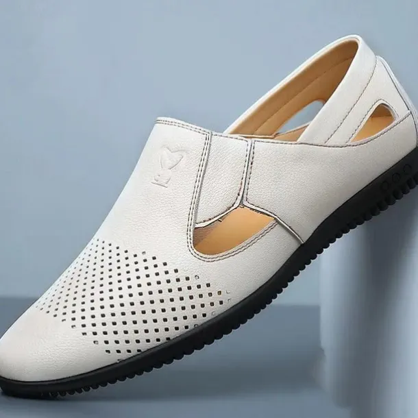 Men's Leather Sandals Black Summer Sandals Closed Toe Sandals Walking Casual Vacation Beach Breathable Slip-on White Brown Shoes