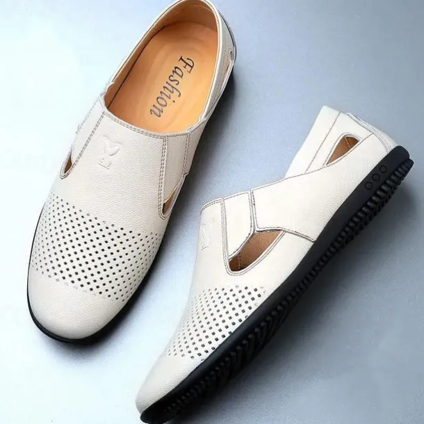 Men's Leather Sandals Black Summer Sandals Closed Toe Sandals Walking Casual Vacation Beach Breathable Slip-on White Brown Shoes