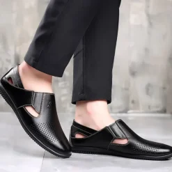 Men's Leather Sandals Black Summer Sandals Closed Toe Sandals Walking Casual Vacation Beach Breathable Slip-on White Brown Shoes