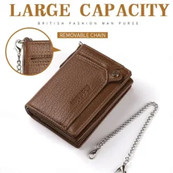 Men's leather wallet PU leather ID card holder combination with anti-theft chain design