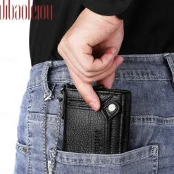 Men's leather wallet PU leather ID card holder combination with anti-theft chain design