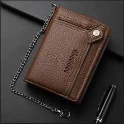 Men's leather wallet PU leather ID card holder combination with anti-theft chain design