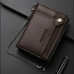 Men's leather wallet PU leather ID card holder combination with anti-theft chain design