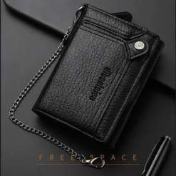 Men's leather wallet PU leather ID card holder combination with anti-theft chain design