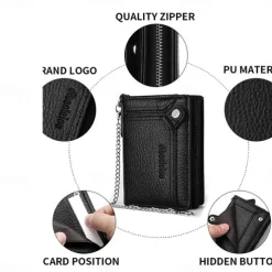 Men's leather wallet PU leather ID card holder combination with anti-theft chain design