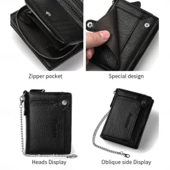 Men's leather wallet PU leather ID card holder combination with anti-theft chain design