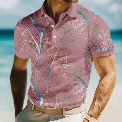 Men's Leaves Polo Short Sleeve Polo Shirts Collared Shirts Casual Resort School Outdoor Daily Wear Vacation Wear 3D Print Summer Spring Fall Lake blue Pink Blue