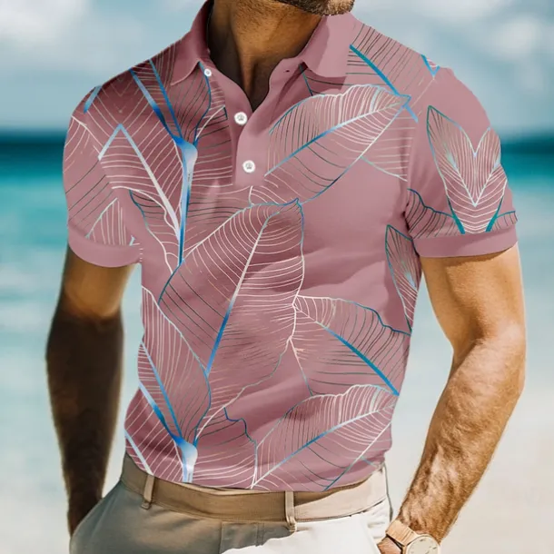 Men's Leaves Polo Short Sleeve Polo Shirts Collared Shirts Casual Resort School Outdoor Daily Wear Vacation Wear 3D Print Summer Spring Fall Lake blue Pink Blue