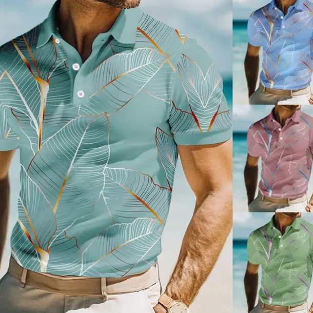 Men's Leaves Polo Short Sleeve Polo Shirts Collared Shirts Casual Resort School Outdoor Daily Wear Vacation Wear 3D Print Summer Spring Fall Lake blue Pink Blue