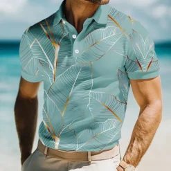 Men's Leaves Polo Short Sleeve Polo Shirts Collared Shirts Casual Resort School Outdoor Daily Wear Vacation Wear 3D Print Summer Spring Fall Lake blue Pink Blue