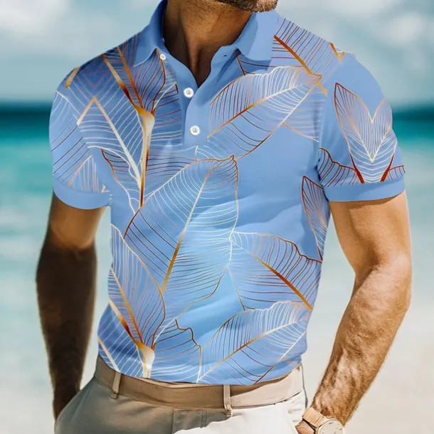 Men's Leaves Polo Short Sleeve Polo Shirts Collared Shirts Casual Resort School Outdoor Daily Wear Vacation Wear 3D Print Summer Spring Fall Lake blue Pink Blue