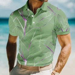 Men's Leaves Polo Short Sleeve Polo Shirts Collared Shirts Casual Resort School Outdoor Daily Wear Vacation Wear 3D Print Summer Spring Fall Lake blue Pink Blue