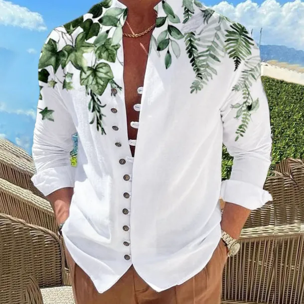 Men's Leaves Shirt Button Up Shirt Long Sleeve Fashion Designer Casual Outdoor Vacation Daily Fall Autumn / Fall Spring & Summer Stand Collar Print Lake blue White Pink Red Blue