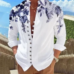 Men's Leaves Shirt Button Up Shirt Long Sleeve Fashion Designer Casual Outdoor Vacation Daily Fall Autumn / Fall Spring & Summer Stand Collar Print Lake blue White Pink Red Blue