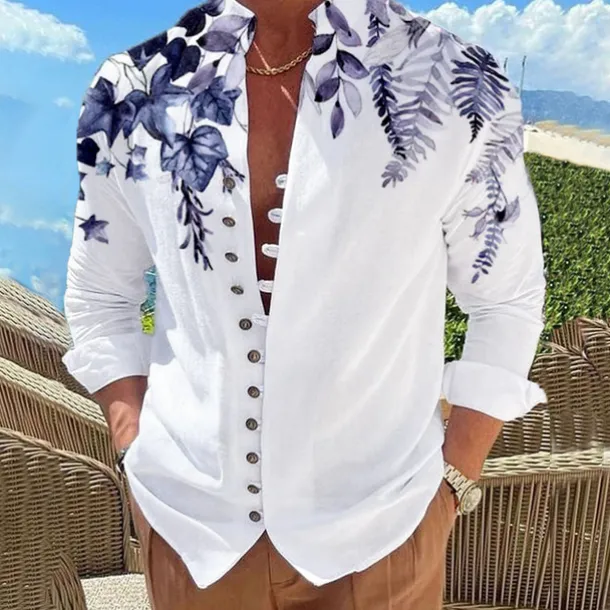 Men's Leaves Shirt Button Up Shirt Long Sleeve Fashion Designer Casual Outdoor Vacation Daily Fall Autumn / Fall Spring & Summer Stand Collar Print Lake blue White Pink Red Blue