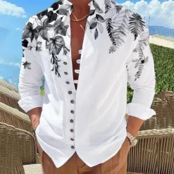 Men's Leaves Shirt Button Up Shirt Long Sleeve Fashion Designer Casual Outdoor Vacation Daily Fall Autumn / Fall Spring & Summer Stand Collar Print Lake blue White Pink Red Blue