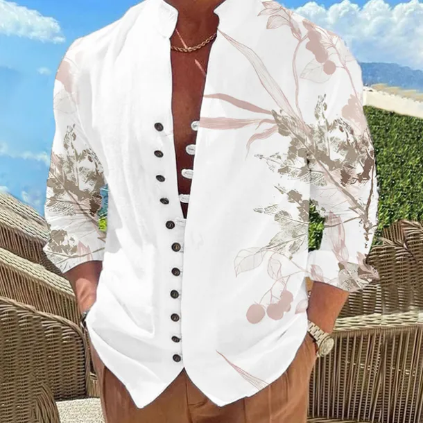 Men's Leaves Shirt Button Up Shirt Long Sleeve Fashion Designer Casual Outdoor Vacation Daily Fall Autumn / Fall Spring & Summer Stand Collar Print Lake blue White Pink Red Blue