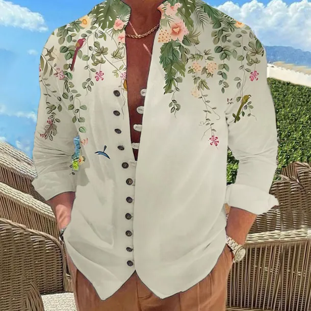 Men's Leaves Shirt Button Up Shirt Long Sleeve Fashion Designer Casual Outdoor Vacation Daily Fall Autumn / Fall Spring & Summer Stand Collar Print Lake blue White Pink Red Blue