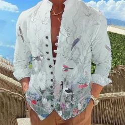 Men's Leaves Shirt Button Up Shirt Long Sleeve Fashion Designer Casual Outdoor Vacation Daily Fall Autumn / Fall Spring & Summer Stand Collar Print Lake blue White Pink Red Blue