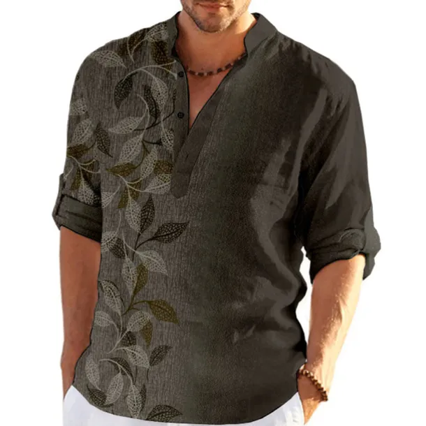 Men's Leaves Shirt Button Up Shirt Long Sleeve Fashion Streetwear Designer Casual Going out Summer Spring Fall Stand Collar Print Blue Purple Green Khaki Gray