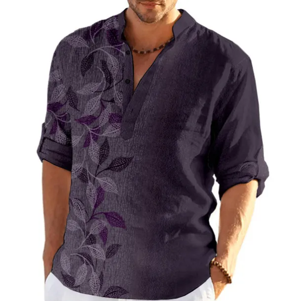 Men's Leaves Shirt Button Up Shirt Long Sleeve Fashion Streetwear Designer Casual Going out Summer Spring Fall Stand Collar Print Blue Purple Green Khaki Gray