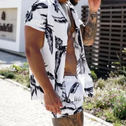 Men's Leaves Tropical Plants 2pcs Shirts Sets Summer Hawaiian Shirt Short Sleeve Short Pants Turndown Fashion Hawaiian Designer Vacation Casual Daily Button-Down Spring & Summer White Yellow Pink