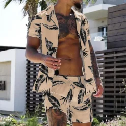 Men's Leaves Tropical Plants 2pcs Shirts Sets Summer Hawaiian Shirt Short Sleeve Short Pants Turndown Fashion Hawaiian Designer Vacation Casual Daily Button-Down Spring & Summer White Yellow Pink