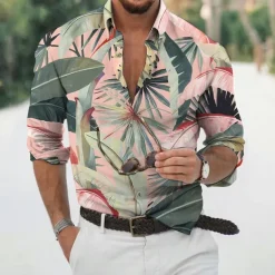 Men's Leaves Tropical Plants Shirt Summer Hawaiian Shirt Aloha Shirt Long Sleeve Shirt Turndown Fashion Designer Casual Vacation Daily Holiday Light Green Pink Dark Green 3D Print S M L