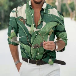 Men's Leaves Tropical Plants Shirt Summer Hawaiian Shirt Aloha Shirt Long Sleeve Shirt Turndown Fashion Designer Casual Vacation Daily Holiday Light Green Pink Dark Green 3D Print S M L