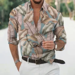 Men's Leaves Tropical Plants Shirt Summer Hawaiian Shirt Aloha Shirt Long Sleeve Shirt Turndown Fashion Designer Casual Vacation Daily Holiday Light Green Pink Dark Green 3D Print S M L