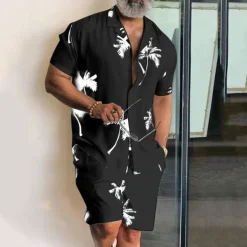 Men's Leaves Tropical Plants 2pcs Shirts Sets Summer Hawaiian Shirt Short Sleeve Short Pants Cuban Collar Tropical Fashion Hawaiian Street Casual Hawaiian Print Summer Spring Black White Blue
