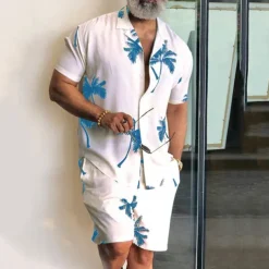 Men's Leaves Tropical Plants 2pcs Shirts Sets Summer Hawaiian Shirt Short Sleeve Short Pants Cuban Collar Tropical Fashion Hawaiian Street Casual Hawaiian Print Summer Spring Black White Blue