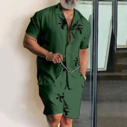 Men's Leaves Tropical Plants 2pcs Shirts Sets Summer Hawaiian Shirt Short Sleeve Short Pants Cuban Collar Tropical Fashion Hawaiian Street Casual Hawaiian Print Summer Spring Black White Blue