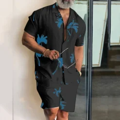 Men's Leaves Tropical Plants 2pcs Shirts Sets Summer Hawaiian Shirt Short Sleeve Short Pants Cuban Collar Tropical Fashion Hawaiian Street Casual Hawaiian Print Summer Spring Black White Blue