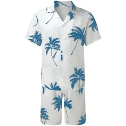 Men's Leaves Tropical Plants 2pcs Shirts Sets Summer Hawaiian Shirt Short Sleeve Short Pants Cuban Collar Tropical Fashion Hawaiian Street Casual Hawaiian Print Summer Spring Black White Blue