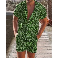 Men's Leopard 2pcs Shirts Sets Summer Hawaiian Shirt Short Sleeve Short Pants Turndown Tropical Fashion Hawaiian Casual Holiday Beach Print Summer Spring Blue Purple Brown