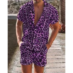 Men's Leopard 2pcs Shirts Sets Summer Hawaiian Shirt Short Sleeve Short Pants Turndown Tropical Fashion Hawaiian Casual Holiday Beach Print Summer Spring Blue Purple Brown