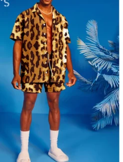 Men's Leopard 2pcs Shirts Sets Summer Hawaiian Shirt Short Sleeve Short Pants Turndown Tropical Hawaiian Casual Sports & Outdoor Beach Buttons Elastic Waist Print Spring & Summer Yellow Blue Purple