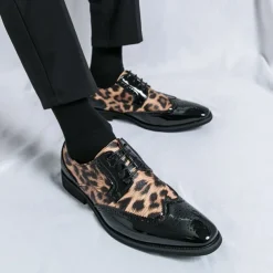 Men's Leopard Print Oxford Shoes - Patent Faux Leather Accents with Brogue Detailing for Formal and Party Occasions