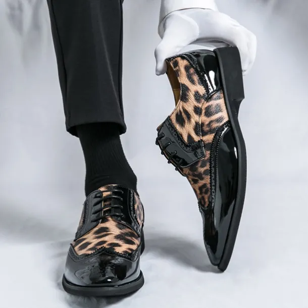 Men's Leopard Print Oxford Shoes - Patent Faux Leather Accents with Brogue Detailing for Formal and Party Occasions