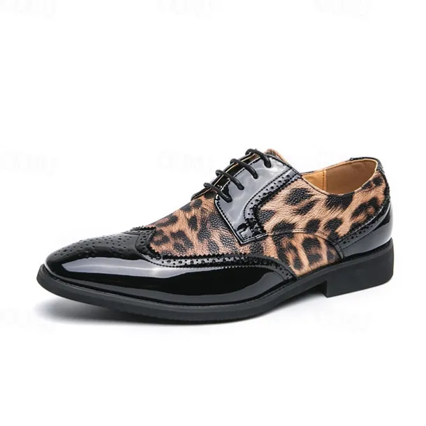 Men's Leopard Print Oxford Shoes - Patent Faux Leather Accents with Brogue Detailing for Formal and Party Occasions