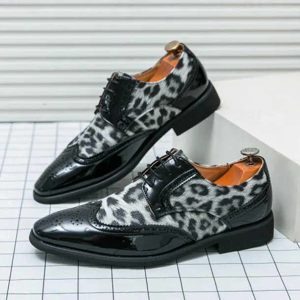 Men's Leopard Print Oxford Shoes - Patent Faux Leather Accents with Brogue Detailing for Formal and Party Occasions