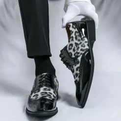 Men's Leopard Print Oxford Shoes - Patent Faux Leather Accents with Brogue Detailing for Formal and Party Occasions