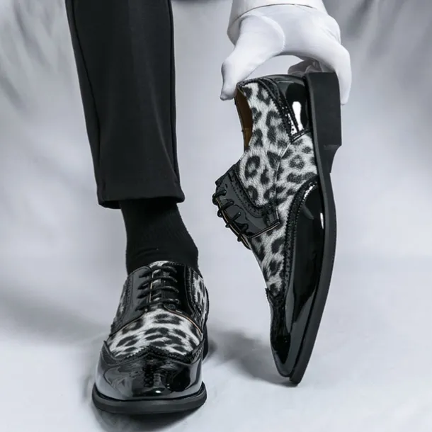 Men's Leopard Print Oxford Shoes - Patent Faux Leather Accents with Brogue Detailing for Formal and Party Occasions