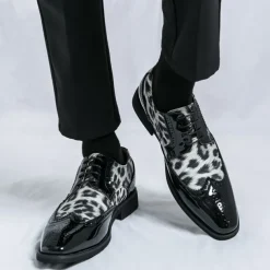 Men's Leopard Print Oxford Shoes - Patent Faux Leather Accents with Brogue Detailing for Formal and Party Occasions