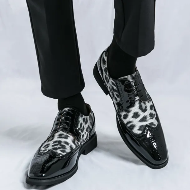 Men's Leopard Print Oxford Shoes - Patent Faux Leather Accents with Brogue Detailing for Formal and Party Occasions